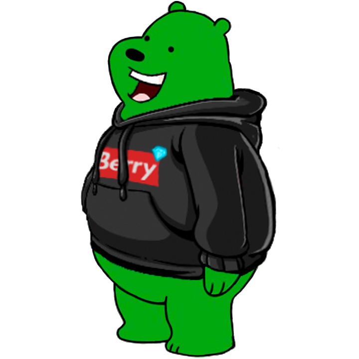 Urso verde, sorridente. Tem uma camisola preta, com um diamante ao canto e com o seu nome inscrito, 'Berry'.